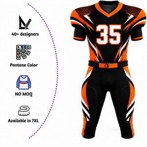 Uniforme de football américain personnalisé sublimé, maillot à col en V pour homme, pantalon noir, orange, blanc, respirant, ajusté, manches courtes - Product Image 2