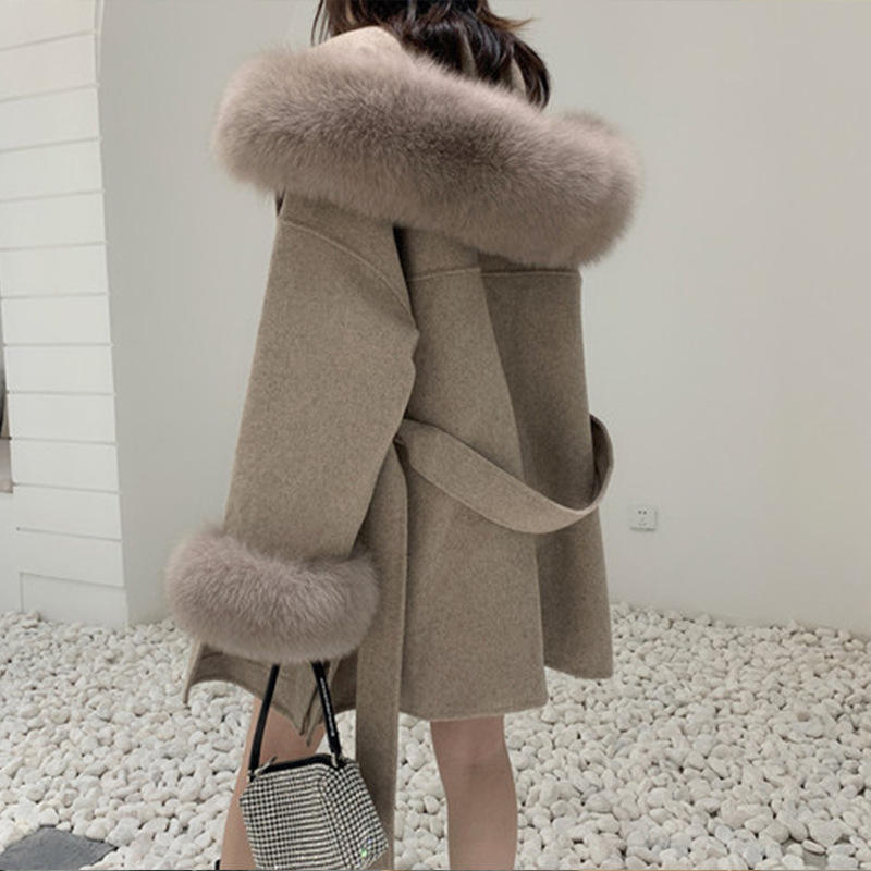 Nesta Sports Christmas Winter Women’s Wool Coat with Fox Fur Hood Belted Long Cashmere Wool Fur Jacket Trendy Holiday Outerwear