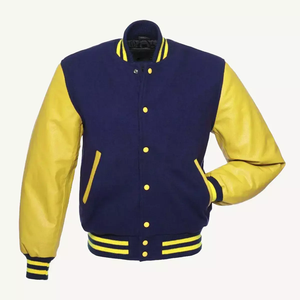 เสื้อแจ็คเก็ตวาร์ซิตี้ PU สีน้ำเงินกรมท่าและสีเหลืองสำหรับผู้ชาย สไตล์พรีปปี้ ปกคอพับ ทรงปกติ สีพื้น แจ็คเก็ตเบสบอลแบบ Letterman - Product Image 1