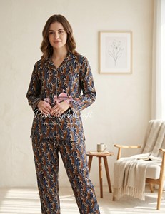 Conjunto de Pijama de 2 Piezas para Mujer, Hecho a Mano, de Algodón Puro, con Estampado de Leopardo Azul, Transpirable, Ecológico, de Manga Larga y Cuello Camisero - Product Image 2