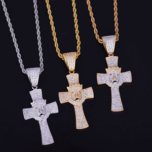 Pendentif croix plaqué or avec visage de lion en strass, bijoux hip-hop pour hommes, thème chrétien, cadeau - Product Image 3