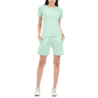 Ensemble short 2 pièces vert menthe pour femme, t-shirt à col rond avec poche, coupe classique, en coton tricoté, décontracté, pour le printemps et l'été