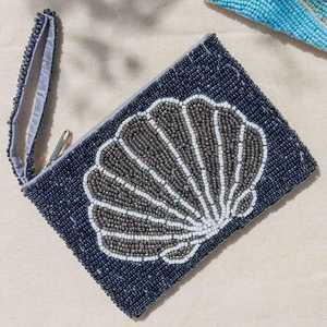 Handmade Beaded Shell Clutch Purse Rectangular Shape Cotton Embroidery Craft White Gray Design - Product Image 1