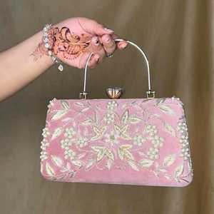 Elegant Jewelry Beaded Embroidery pink and goldan Shoulder Bag With <b>Top</b> Trendy Handmade Fancy Touch packaging - Product Image 3