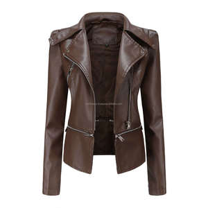 Chaqueta de cuero de motorista con dobladillo desmontable marrón para mujer, abrigo ajustado de manga larga con cierre de cremallera, elegante cuello de solapa transpirable - Product Image 5