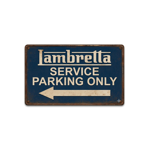 Longue plaque rectangulaire vintage en métal, avec flèche 'Lambretta Service Parking Only', bleu crème, pour garage, 'Man Cave', à suspendre au mur - Product Image 2