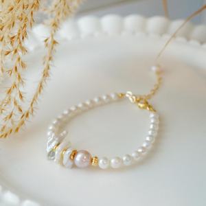 Natural Iridescent Pearl Bracelet Dainty Gold Wedding Jewelry Handmade Baroque Keshi Pearl Bridal Gift - Product Image 2