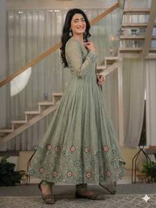 Modern Pastel <b>Green</b> Flared Anarkali Gown Suit for Women Floral Embroidery Border Work Full Sleeve Indian Party & Wedding Wear - Product Image 1