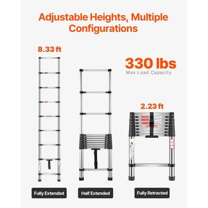 Scala Telescopica Leggera in Acciaio Inox da 2,6 m con Sistema di Retrazione a Pulsanti Multipli, Capacità 150 kg, Pieghevole - Product Image 6