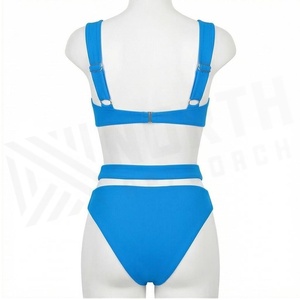 ชุดบิกินี่แบบ Bandeau สีฟ้าล้วนสำหรับผู้หญิง กางเกงเอวสูงแบบ Cut-Out ชุดว่ายน้ำสองชิ้น ผ้าเนื้อยืด - Product Image 2