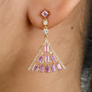 18K White Gold Geometric Pink Sapphire Pyramid Dangle Earrings - Product Image 1