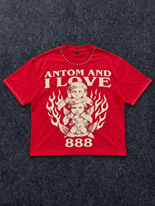 Camiseta Gráfica Personalizada Rosa de Pedrería de Alto Gramaje, Estilo Y2K Oversize con Estampado Hinchado de Ángel, para Hombre, de Corte Cuadrado, Estilo Streetwear, Venta al por Mayor - Product Image 4