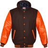 Custom Men Orange Hooded Varsity <b>Jacket</b> With Orange <b>Leather</b> Sleeve Letterman <b>Jacket</b> - Product Image 3