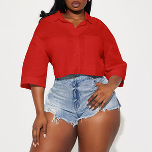 Hot Sale Women's Red Crop Top <b>Button</b> Down <b>Shirt</b> <b>Half</b> Sleeve Poplin Casual Solid Color Front Pocket Spring Summer Loose Fit <b>Shirt</b> - Product Image 3