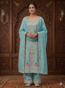 Ensemble de 3 pièces en soie georgette de créateur, salwar kameez élégant et luxueux, vêtements ethniques indiens pour les mariages et les occasions de fête en été et en hiver - Product Image 1