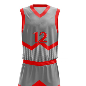 Ensemble de maillots de basket-ball sublimés personnalisés, gris et rouge, col en V, sans manches, polyester respirant, uniforme unisexe pour adultes - Product Image 3