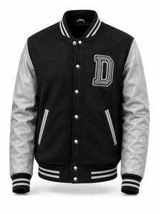 Veste universitaire unisexe noire avec manches en laine grise, broderie lettre D, style streetwear, col rabattu, patchwork décontracté pour l'hiver - Product Image 1