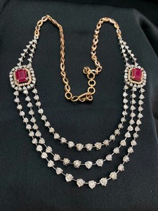 14K Rose White Gold Lab Grown <b>Ruby</b> Multi Strand <b>Necklace</b> | IGI Certified Rhodium Plated Luxury 3-Layer Red <b>Ruby</b> Halo Wedding - Product Image 2