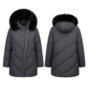 Custom Charcoal Women's Polyester Chevron Quilted Puffer <b>Coat</b> Fur Hood Long Winter Jacket Outerwear Winter Wear - Product Image 3