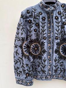 Luxury Gray <b>Velvet</b> Embroidered Suzani <b>Jacket</b> With Floral Pattern Full Sleeve Stand Collar Bohemian Artisan <b>Women's</b> Autumn Coat - Product Image 4