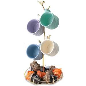 Wooden Cup Holder Stand with 6 White Ceramic Coffee Cups and Matching Saucers Modern Minimalist <b>Kitchen</b> <b>Storage</b> <b>Rack</b> - Product Image 2