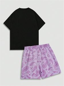 Ensemble 2 pièces pour homme, été, t-shirt à col rond avec imprimé graphique et short à motif paisley - Product Image 2