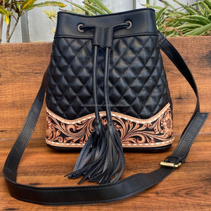 New Hand Tooled Quilted Leather <b>Women</b> Crossbody Bucket <b>Bags</b> High Quality Cowhide Leather Designer Tassel Drawstring Shoulder <b>Bag</b> - Product Image 2