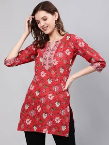 Indian Ethnic Wear Pink Floral Printed Cotton Short Kurtis Casual Mid Length Regular Fit India Pakistan Style <b>Top</b> Style Tunic - Product Image 4