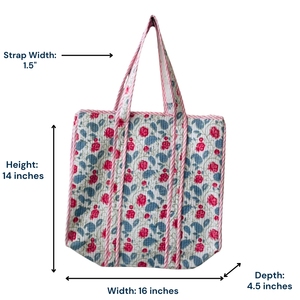 Handmade Floral Hand Block Printed Quilted Cotton Bohemian Tote <b>Bag</b> Trim Zipper Closure Elegant Style <b>Beach</b> Shopping Travel All - Product Image 2