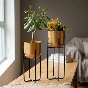 Juego de Macetas de Aluminio Dorado Hechas a Mano con Soportes Metálicos, Modernas Macetas Decorativas para Plantas de Interior, Sala de Estar - Product Image 6