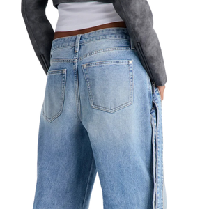 Womens <b>Light</b> Blue Denim Breathable 100% Cotton Wide Leg Relaxed Fit Asymmetric Wrap Waist Detail Casual Fashion Street Style - Product Image 4
