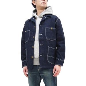 Indigo Denim Work <b>Jacket</b> <b>Men</b> <b>Utility</b> Cardigan Style <b>Jacket</b> with Multiple Pockets for Casual Outdoor Wear - Product Image 1