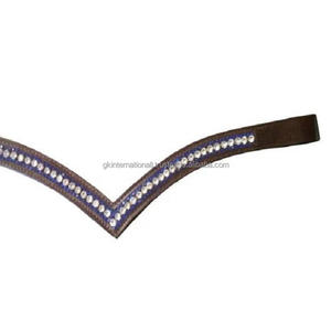 Bande de front de cheval en cuir de canal vide fait à la main de qualité supérieure incrustée 1 rangée de cristaux décoratifs argentés et bleus bande de front Mega Bling - Product Image 1