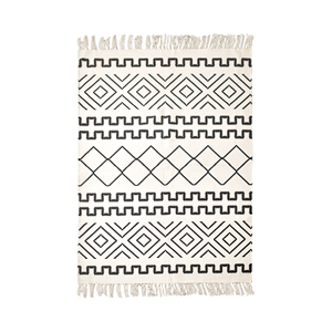 Tapis d'intérieur en laine tissé à la main, motif grec géométrique, tissage plat, noir ivoire, à poils ras, franges bohèmes, pour décoration de salon - Product Image 2