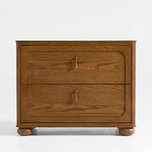 Table de chevet de luxe en teck à panneaux courbes avec 2 tiroirs et pieds en forme de boule pour chambre à coucher - Product Image 1