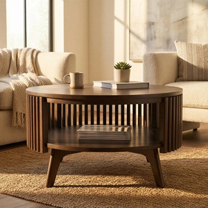 Modern Round Wood <b>Coffee</b> <b>Table</b> With Storage Shelf Midcentury Design Living Room Furniture - Product Image 3