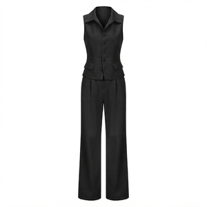 Women's Sleeveless <b>Blazer</b> <b>Set</b> With Turn-down Collar And Wide Leg Pants Loose Fit Spring Summer Minimalist Style - Product Image 4