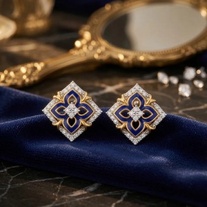 Golden <b>Blue</b> Enamel Floral Geometric Diamond <b>Stud</b> <b>Earrings</b> - Product Image 3