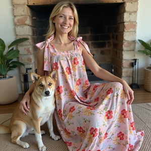 Robe Maxi Boho d'été pour femmes avec bretelles sans manches Rouge Orange Jaune Fleurs et nœud papillon en coton aéré - Product Image 2