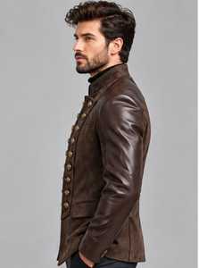 Veste en cuir marron pour homme, col montant, style vintage - Product Image 4
