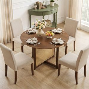 Ensemble de table à manger ronde de style moderne du milieu du siècle de 37,5 pouces, en rotin PE et pieds en bois de caoutchouc, table de cuisine ovale assemblée pour 2 à 4 personnes - Product Image 3