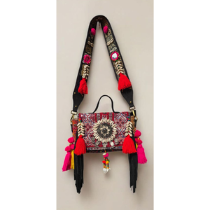 Ethno-Chic Artisan Handbag: Embroidered Bohemian Satchel with Cowrie Shell Inlay, Vibrant Tassels, and Tribal-<b>Inspired</b> Statement - Product Image 1