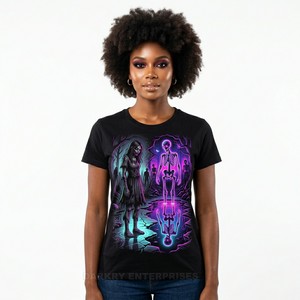T-shirt personnalisé pour femme, imprimé squelette néon, style cyberpunk, motif d'horreur, t-shirt en coton, fabricant de vêtements pour femme - Product Image 1