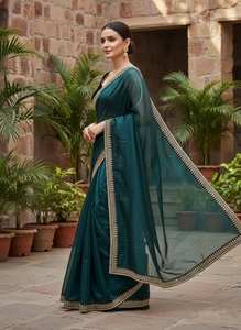 . Sari de luxe en tulle brodé avec des paillettes, des détails en Jari Dori et une bordure en dentelle de velours de qualité supérieure - Product Image 3