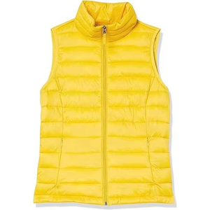 Chaleco Acolchado para Mujer, Cuello Alto, Cierre Frontal con Cremallera, Resistente al Viento, Ligero, Color Amarillo Sólido, Estilo Casual - Product Image 1