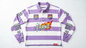 <b>Men's</b> Pink Striped Long Sleeve Polo Shirt With Flame Logo And Crest Patches Casual Wear - Product Image 2