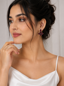 Fashion <b>Red</b> Gemstone Bezel Setting Stud <b>Earrings</b> Floral Statement Silver Plated Vintage Party Jewelry for Women Wholesale - Product Image 3