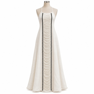 Robe maxi élégante en coton plissé |   Robe longue décontractée pour femmes, col carré, sans manches, style bohème, à franges, pour l'été, la plage, les vacances, les stations balnéaires - Product Image 1