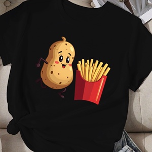 Camiseta cómoda informal para mujer con estampado de dibujos animados Running Potato and Fries hecha de tejido de punto de poliéster - Product Image 2