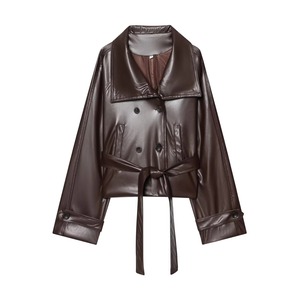 Abrigo de Mujer, Nuevo Modelo 2026, Estilo Casual, Cuello Solapa, Cinturón Decorativo, Cuero Sintético, Retro, Chic, Manga Larga - Product Image 1